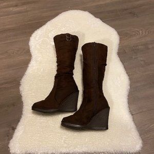 Brown Suede Tall Wedge Boots